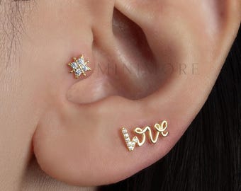 14K Gold Vermeil "Love" Stud Earring, Threadless Push Pin Labret, 16G/18G/20G Flatback