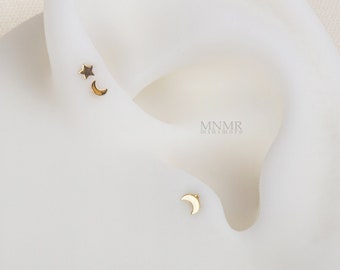 NEW! Micro TIny Plain Moon Flatback Stud, 14K Solid Gold Star Internally Threaded Labret, Moon Tragus Flatback, Tiny Forward Helix Stud, 18g