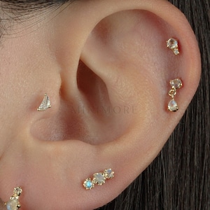 NEW! Ultra Tiny Half Moon Cartilage Earring, Tragus Flatback Stud, 14K Solid Gold Internally Thraded Labret, Geometric Stone Stud, 18gauge