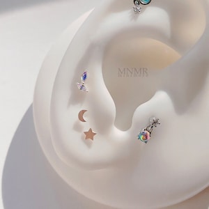 NIEUW! Oorbel met klein bladkraakbeen, bladkristalhalter, regenboogkristal conch-oorbel, harthelixoorbel, alledaagse piercing, 20 g zilveren barbell