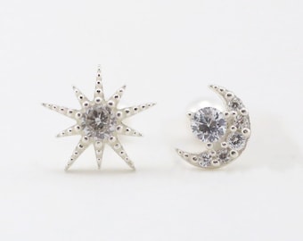 925 Sterling silver piercing, Star & Moon CZ earring, Shiny CZ Stud, Conch earring, Dainty earring, 20g piercing, Gift for her