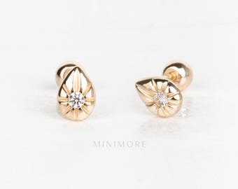 NEW! Teardrop Earrings with Floral Detail, Vintage Inspired Jewelry, 10K Solid Gold Teardrop Helix Stud, Dainty Gold Studs, 20g Daily Pierce