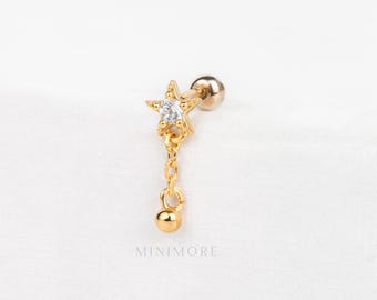 Limited!-Dangled Cartilage Earring, Star Piercing, Dangled Ball Helix Stud, Bridal Cartilage, 20g Silver Piercing