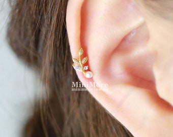 Leaf Piercing with Pearl, Tragus earring, Dainty earring, Barbells, Bar earring, Cartilage earring, Tiny Pearl Stud, Helix, Conch, Rook