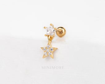 Limited!-Dangled Cartilage Earring, Star Piercing, Double Star Helix Stud, Bridal Cartilage, 20g Silver Piercing