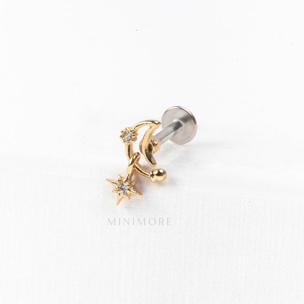 NEW! Dangled Cartilage Earring, Moon Flatback Stud, Flatback Helix Stud, Dangled Moon Tragus Earring, Dangled Conch Stud