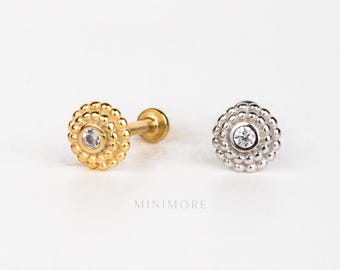 Solid Silver Ornate Beaded Round Earring, Gold Silver Halo Crystal Pushpin Stud, 16G-20G