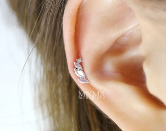 Curved Wing Rainbow Crystal Cartilage earring, Curved Bar earring, Dainty earring, Inner conch piercing, Helix earring, Conch, Rook