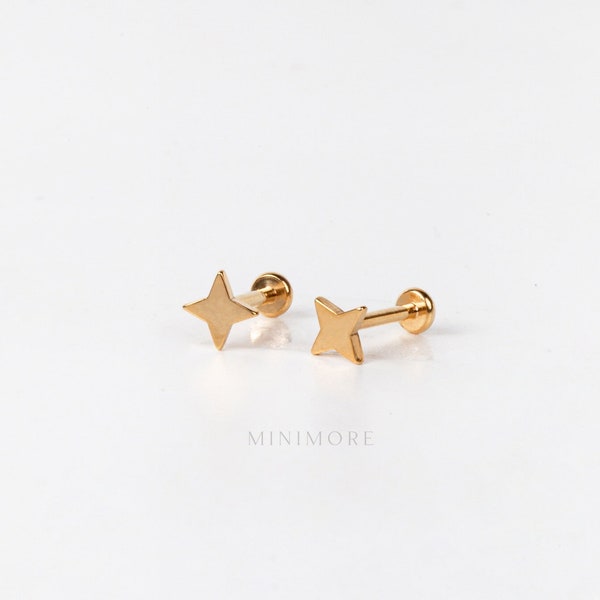 NEW! Tiny Sparkle StarThreadless Labret, 16-20g Push-Pin Stud, 5-10mm Length Cartilage Flatback Earring, Tragus Flatback Stud, Nose Stud