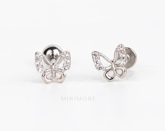 NEW! Spakly Buttlerfly Cartilage Earring, Butterfly Flatback Stud, Flatback Helix Stud, Butterfly Tragus Earring, Externally Threaded