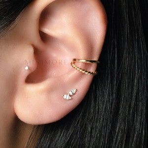 NEW! Tiny Leaf Cartilage Earring, Bar Helix Stud, 10K Solid Gold CZ Wing Stud, Second Earlobes Earring, Gold Conch Earring, 20g Piercing