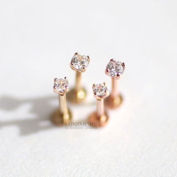 14K Solid Gold Internally Thraded Labret, Tiny 2mm/2.5mm Stone Cartilage earring, CZ Stud, Tragus Earring, Dainty earring, 18g piercing