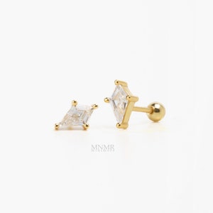 NEW! Diamond Helix Earring, Silver Cartilage Piercing, Gold Diamond Stud, Curved Bar Stud, Curved Helix Flatback, Curved Conch Earring,