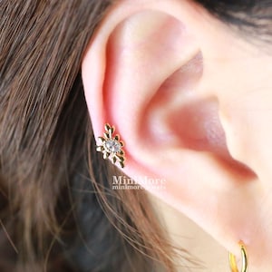 Curved CZ Leaf piercing, Tragus earring, Dainty earring, Barbells, Bar earring, Cartilage earring, CZ stud, Helix, Conch, Rook
