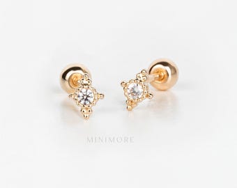 10K Solid Gold Ultra Tiny Cluster Tragus Earring | Tiny CZ Cartilage Stud | Dainty 20g Piercing