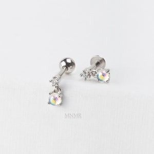 NEW! Dangled Cartilage Earring, Rainbow Moonstone Flatback Stud, Moonstone Helix Stud, Dangled tragus Earring, Dangled Conch Stud