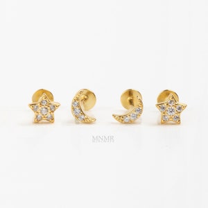 NIEUW! Verharde ster piercing, ster kraakbeen oorbel, verharde plaksteen oorbel, halve maan plaksteen Stud, zilveren plaksteen Helix, gouden conch oorbel