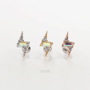 Flash Sale! Lightning Bolt Piercing, Rainbow Crystal Earring, Dainty Earring, Thunder Barbell, Lightning Stud, Cartilage earring, Helix Stud