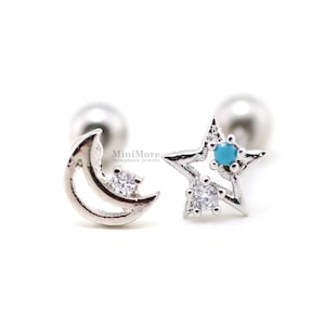 Promoção relâmpago! Cartilagem de lua e estrela, brinco de tragus, brinco delicado, cartilagem CZ, brinco de cartilagem CZ, pino de lua, brinco de hélice, concha, torre