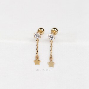 Barbell étoile pendante, piercing en or massif 10 carats, goujon de cartilage suspendu, bague tragusaring pendante, barbell étoile, piercing 20 g, cadeau pour elle