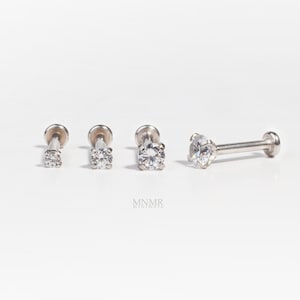 16-20 g Minuscule CZ sans filetage 1,5/2/2,5/3 mm, labret sans filetage, labret CZ, dos plat, hélice vers l'avant, clou de nez, anneaux à lèvres, entièrement en acier