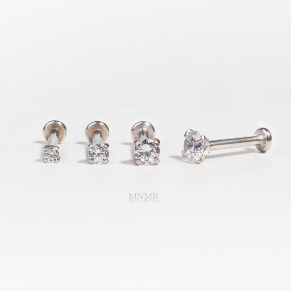 20g Tiny Theadless 1.5/2/2.5/3mm CZ Stud, Thleadless Labret, CZ Labret, Flat Back, Forward helix, Nose Stud, Lip rings, Entire Steel