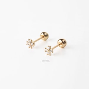 10K Solid Gold Super Tiny Clover Piercing, Tiny Tragus Earring, Tiny CZ Cartilage earring, CZ Stud, Dainty earring, 20g piercing