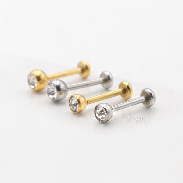 Tiny Bezel Stone 2/2.5/3mm Threadless Labret, Push Pin Stud, Ball Cartilage earrings, Tragus piercing, Entire Steel