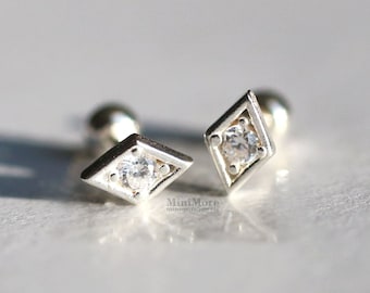 925 Sterling Silver Cartilage Earring, Tiny Diamond Piercing, Diamond Stud, Tiny Helix Earring, Conch Boho Style, Tragus Earring