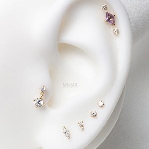 NEW! Ultra Tiny Dangle Tragus earring, 2mm CZ Dangle Cartilage Earring, 14K Solid Gold Flatback Stud, 18g Tragus Flatback, Dangle Helix Stud