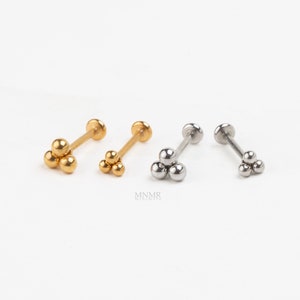 Dainty Trinity Bead Threadless Labret, Push Pin Stud, 2mm Triple Ball Cartilage earrings, Tragus piercing, Entire Steel