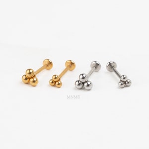 Dainty Trinity Bead Threadless Labret, Push Pin Stud, 2mm Triple Ball Cartilage earrings, Tragus piercing, Entire Steel