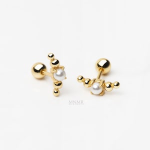 NEW! Beaded Bar Silver piercing, Cute Pearl Cartilage Earring, Pearl bar Stud, Conch Earring, 18gague piercing, Gift for Her