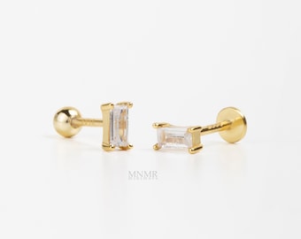 Tiny Crystal Baguette Piercing, Inner Conch piercing, Cartilage earring, Dainty earring, Bar-type Stud, Helix, Conch, Rook, Ear lobe