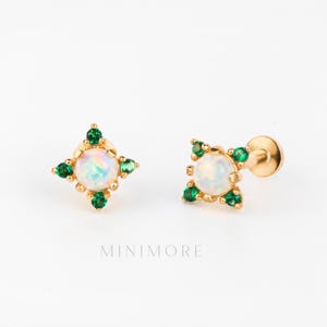 NEW! 14K Solid Gold Opal Labret Piercing, Cluster Tragus Earring, 18G Labret