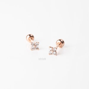 10K Solid Gold Super Tiny Flower Piercing, Tiny Tragus Earring, Tiny CZ Cartilage earring, CZ Stud, Dainty earring, 20g piercing