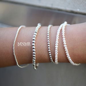 925 Sterling Silver Bead Bracelet, 2mm/3mm/4mm Stretch Stacking Bracelet, Layering Bracelet, Gold Ball Bracelet