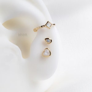 NOUVEAUTÉ ! - PIERRE NATURELLE - Boucle d'oreille carrée en forme de conque, bijou d'oreille en pierre précieuse, bijou d'oreille en pierre de lune, faux clou de conque, cerceau non percé