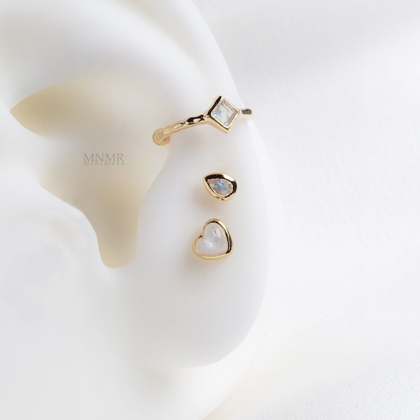 NEW!-NATURAL STONE-Square Shaped Conch Earring, Gemstone Ear Cuff, Moonstone Ear Cuff, Fake Conch Stud, Non-Pierced Hoop