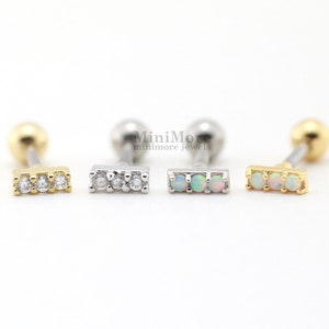 Tiny Opal Cartilage earrings, Tiny Tragus earring, Dainty earring, Tiny Bar earring, Tragus piercing,CZ bar stud, Helix, Conch, Rook