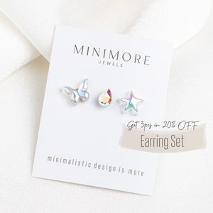 Iridescent Glass Flat Back Earring Set, Summer Cryatal Cartilage Earrings, Flatbak Stud, Summer Conch Stud, Earring Gift Set