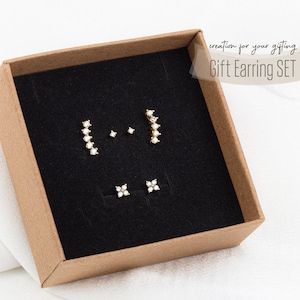 Gifting! Silver Cartilage Earring Set, Curved CZ Stud, Curved Bar Stud, Curved Helix Flatback, Curved Conch Earring,