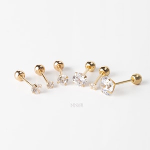 Tiny Cartilage Earring, 10K Solid Gold Barbell, 2mm/3mm/4mm/5mm Stone Piercing, Helix Earring, Conch Earring, Tiny Tragus Stud, 20g Piercing