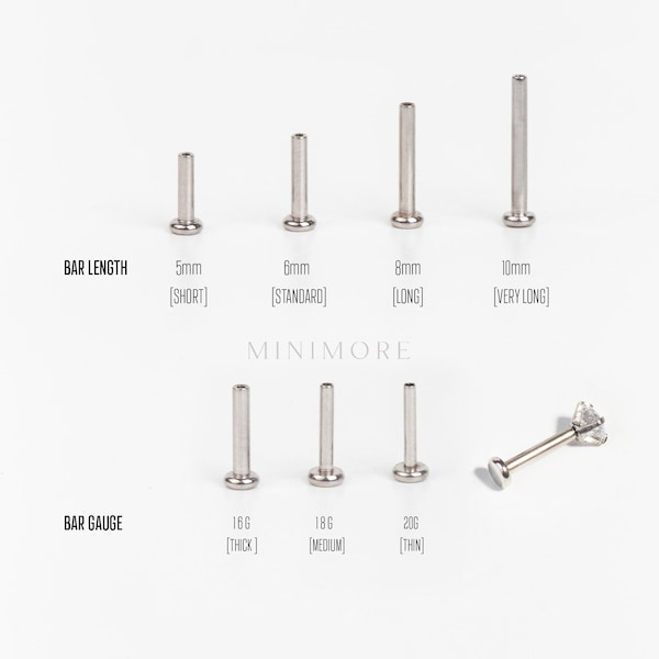316L Surgical Steel Push Pin Replacement Flat Backing, Flat back Replacement bar, Threadless Labret Bar, 16g, 18g, 20g Piercing