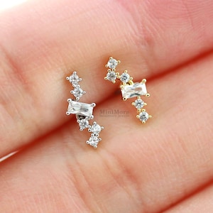 Baguette-cut CZ Bar Piercing, Cartilage earring, Dainty earring, Diamond Bar earring, CZ stud, Tiny Bar Stud, Helix, Conch, Rook