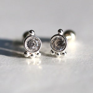 925 Sterling Silver Tiny Triple Beads Piercing, Silver CZ Earrings, Cartilage earring, Boho Style, Tragus earring, Dainty earrings
