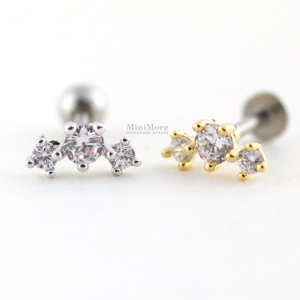 Curved Bar Three stud Piercing, Cartilage earring, Dainty Earring, Bar earring, CZ stud, Tiny Bar Stud, Helix, Conch, Rook