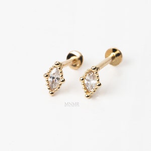 14K Solid Gold Internally Threaded Labret, Trinity Beads Boho-Style Tragus earring, CZ Stud, Cartilage Earring, 18g piercing