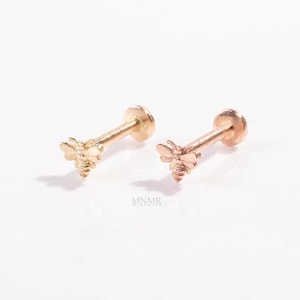 Ultra Tiny Bumble Bee Tragus Earring, 14K Solid Gold Internally Threaded Labret, 18g Helix Earring, Everyday Wearable Tragus Flatback Stud