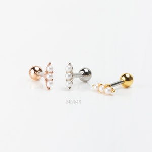 NEU! Drei Perlen Knorpel Ohrringe, Perle Barbell, Stab Knorpelohrring, Perle Helix Bolzen, winziger Tragus Bolzen, Braut Knorpelohrring
